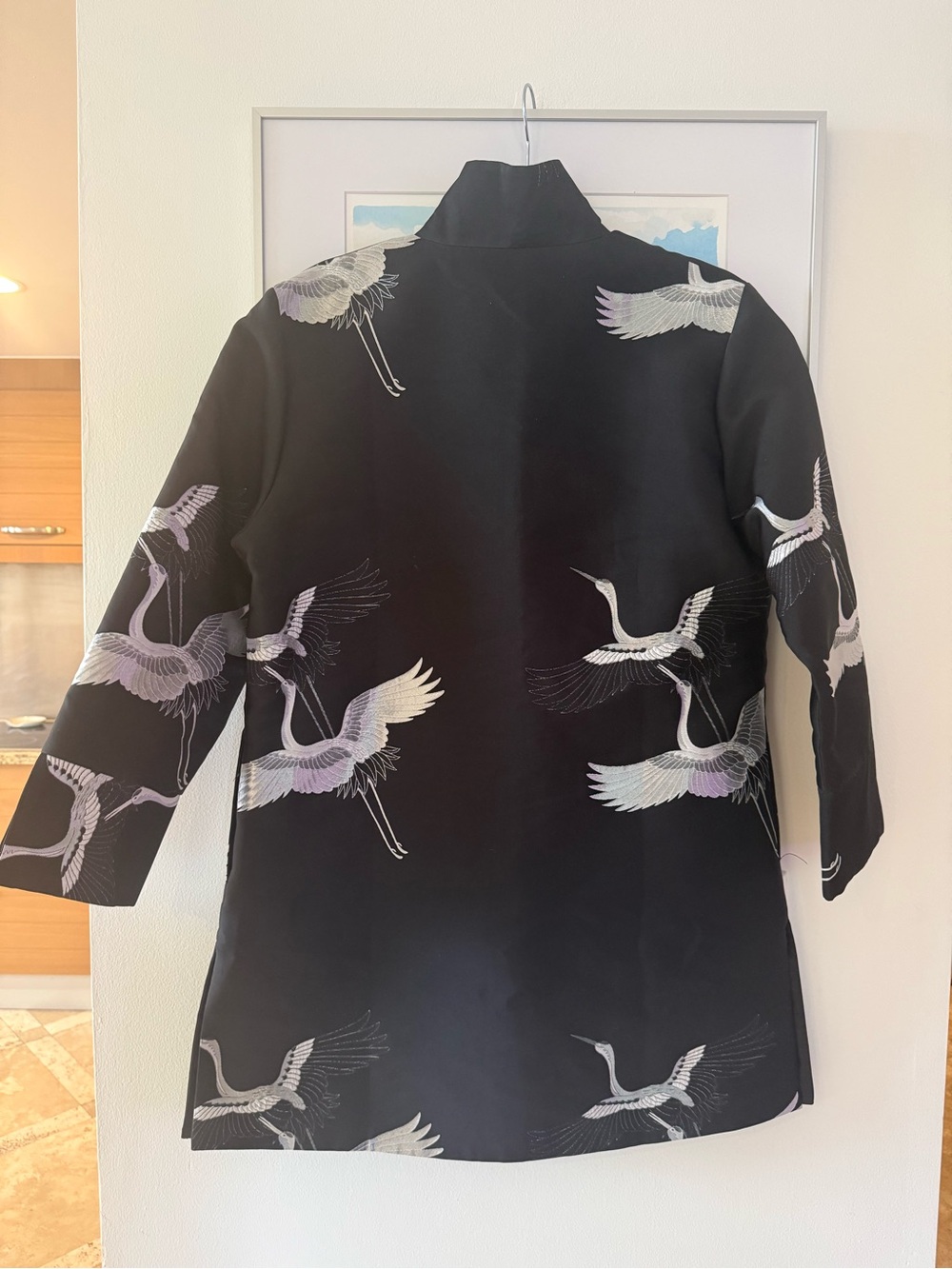 Black Crane-Embroidered Open Front Coat - Picture 2 of 5